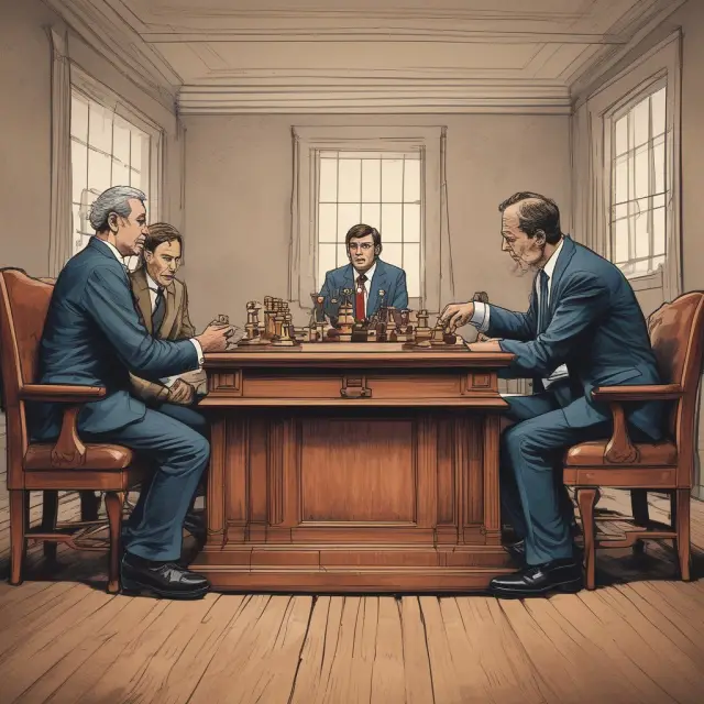 Institutional investors strategize over bankruptcy proceedings, visualized as a courtroom chessboard representing the decision to retain assets through Keep and Pay arrangements.