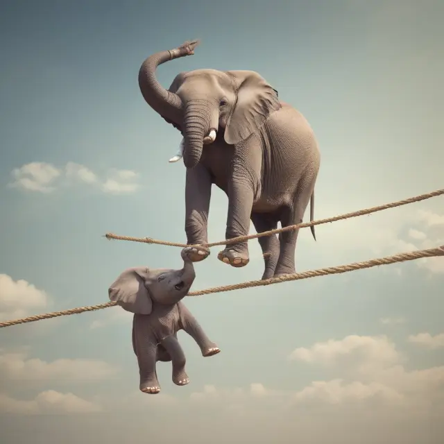 Parent elephant holding, stabilizing baby elephant on a tightrope, representing the potential risks and limitations of keepwell agreements