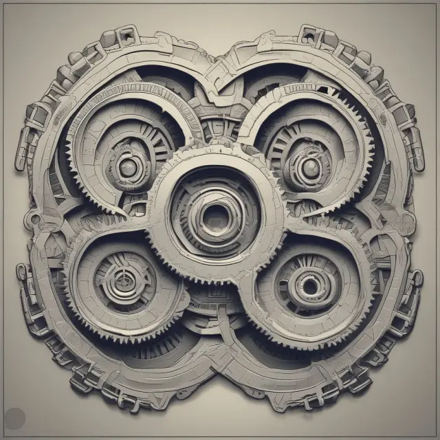 Two interconnected gears (horizontal and vertical) symbolizing horizontal and vertical keiretsus, illustrating business alliances.