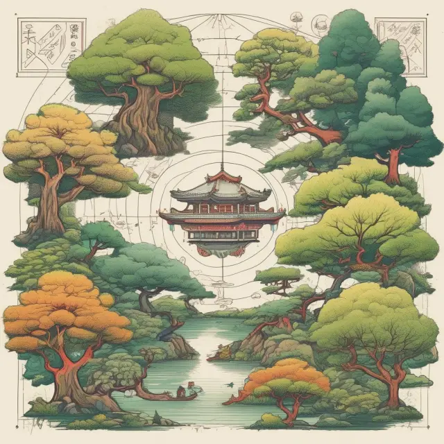 Companies collaborating in a Japanese garden setting, promoting efficiency and innovation through keiretsus