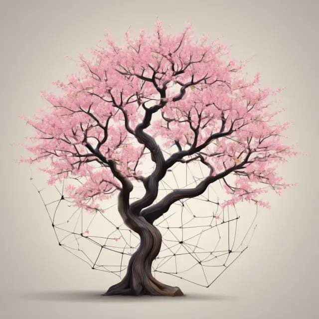 A Japanese cherry tree symbolizing the keiretsu model with its roots entwined with branches representing various Western businesses, illustrating collaboration between the two business models