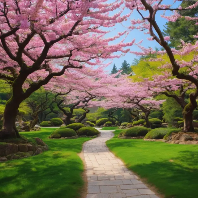 A vibrant Japanese garden filled with interconnected cherry blossoms, representing the cooperation and interdependence of companies within a keiretsu business network