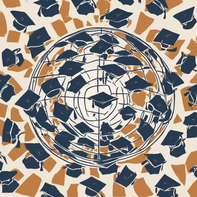 Graduation caps radiate from a globe, symbolizing the international students placed by Kelley School of Business. The Kelley logo represents the institution
