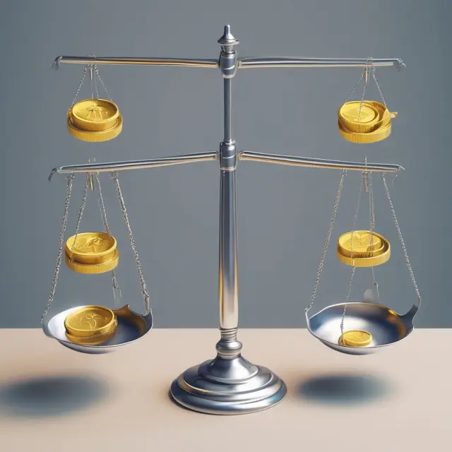 A balance weighing coins symbolizing