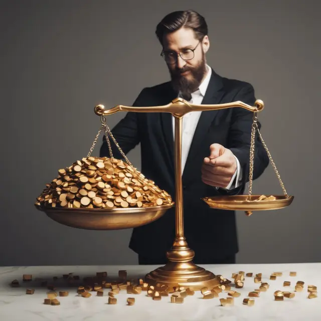 An investor holding a golden scale, analyzing historical investment data to determine the optimal allocation based on the Kelly Criterion