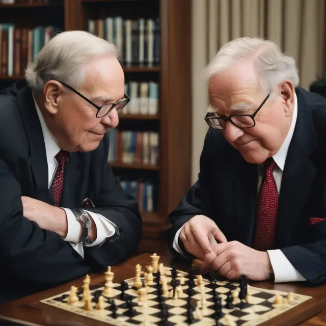 Warren Buffett and Bill Gross depicted as skilled chess players, employing the Kelly Criterion as their powerful strategies on a dynamic investment chessboard