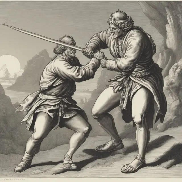 Two warriors representing Keltner Channels and Bollinger Bands engage in combat, symbolizing their differences in calculating volatility and interpreting market trends