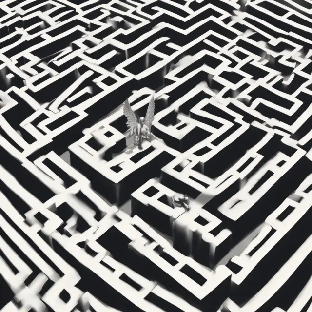 An angel navigates through a labyrinth of trendlines, highlighting the role of Keltner Channels in identifying trends and oscillations.