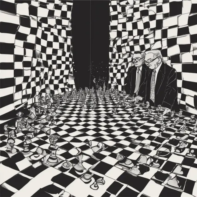 Arthur Sen and Kenneth Arrow contemplating economic paradoxes on a chessboard, symbolizing their significant contributions to welfare economics