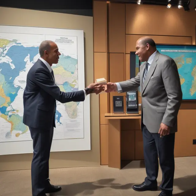 Time traveler hands Ken Chenault a map of American Express milestones. Tree grows as he touches each milestone, symbolizing growth and innovation.