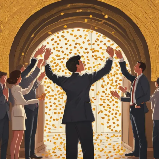 A business owner distributes gold coins to employees under a vast archway of golden coins, representing the flexibility and substantial contribution limits of profit-sharing plans.