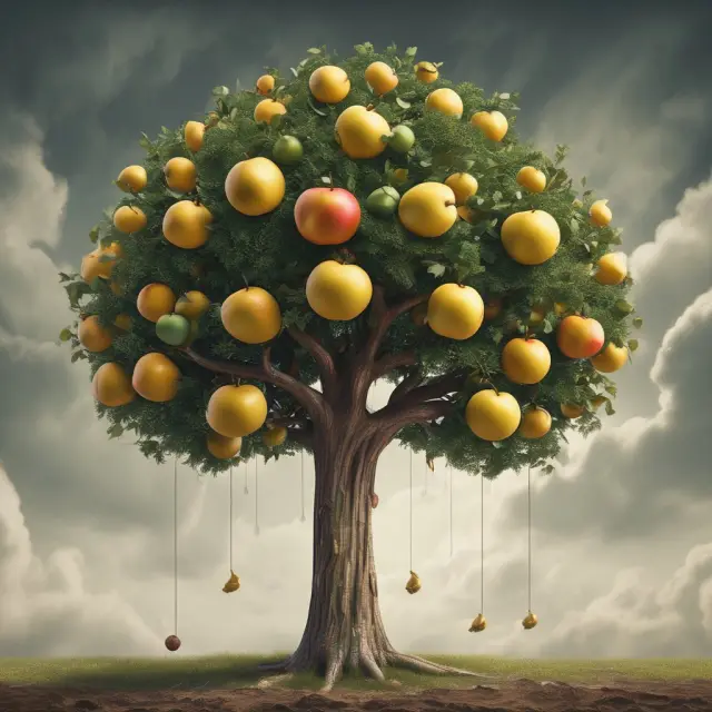 A tree with golden apples symbolizing retirement benefits in a defined-benefit pension plan, while an umbrella represents the employer shielding risk
