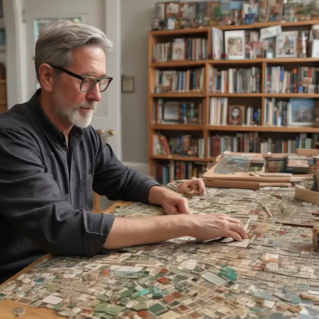 An artist constructs a colorful mosaic depicting Keogh Plans for self-employed individuals, with each piece representing various investment options.