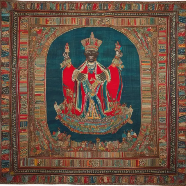 An intricate, vintage African tapestry portrays the journey of the Kenyan shilling, from its introduction to present day.