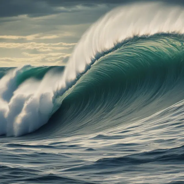 An image of a Kenyan shilling coin riding the crest of a wave amidst turbulent, USD-dominated seas, emphasizing the exchange rate fluctuations