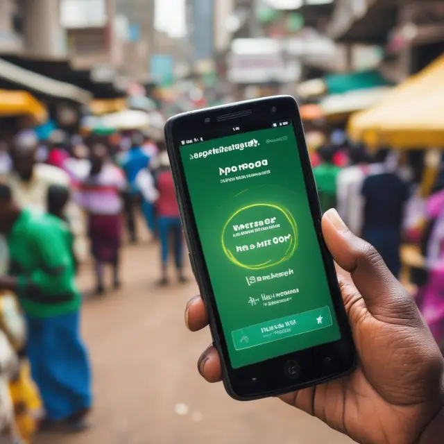 Mobile phone with M-Pesa app showing digital transactions amidst busy Kenyan market scene