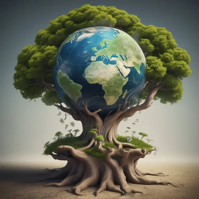 An oak tree symbolizing the U.S. dollar as a powerful cornerstone of the global economy, rooted in a globe.