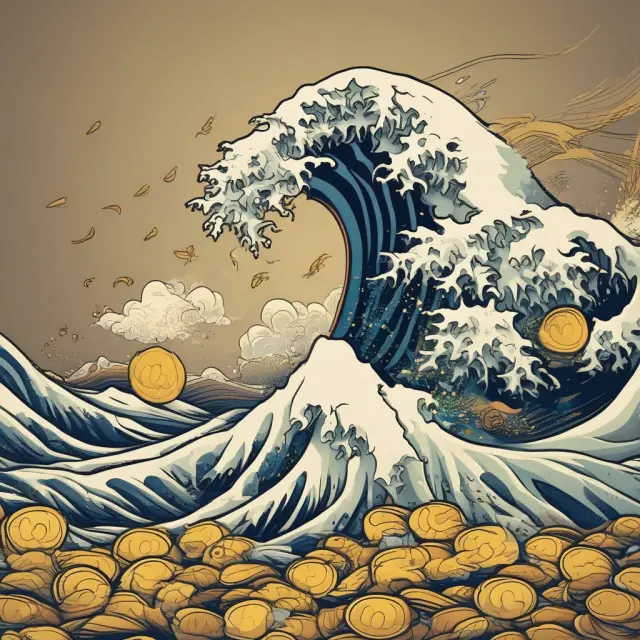 A Japanese yen wave crashes onto a shore filled with gold coins, illustrating the currency