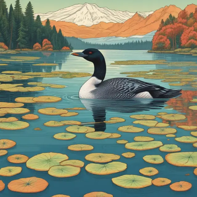 The Canadian dollar (loon) is depicted on a maple leaf iceberg, amidst other key currencies represented as lily pads in a serene lake, showcasing its role and significance.