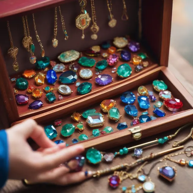 A treasure box filled with gemstones representing key employees, receiving unique care and attention from an attentive jewelry maker