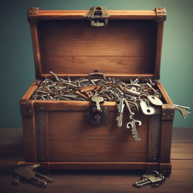 A hand holding keys opening a treasure chest, revealing rental contracts and security deposits