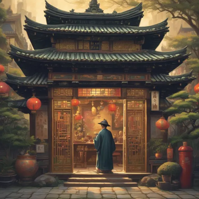 An ancient Japanese teahouse hands a golden key to a bustling Mexican marketplace, illustrating cross-cultural key money transactions in commercial real estate