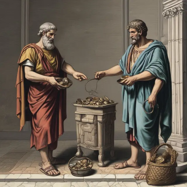 Ancient Roman scene: tenant hands keys and payment to a landlord, depicting the historical origins of key money