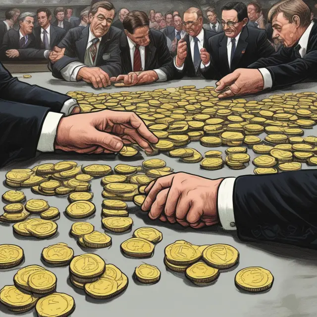 Banks exchanging gold coins around a table, with the Federal Reserve setting the interest rate as the referee
