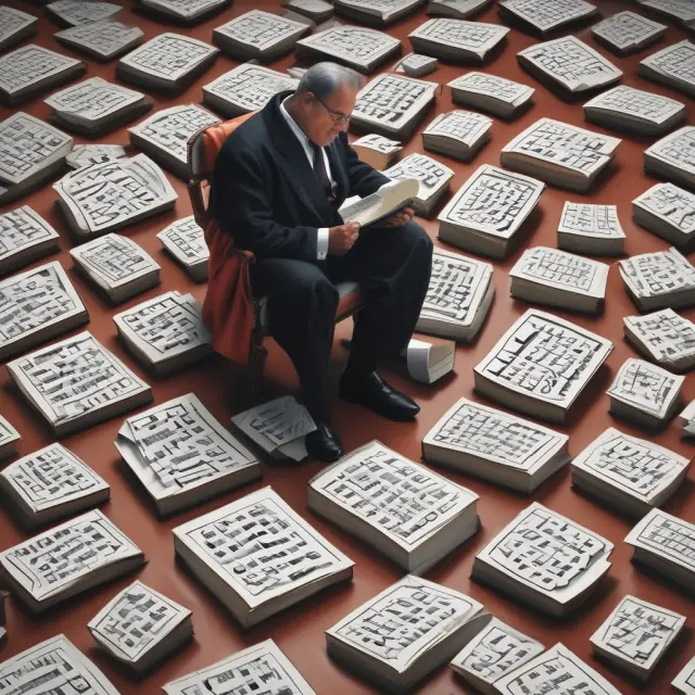 Scholar in deep thought amongst drifting calculators, representing the analysis of key financial ratios
