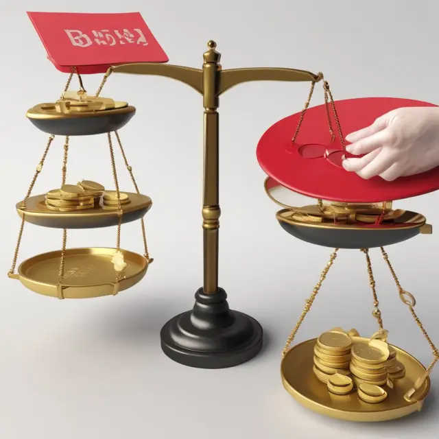 Gold coins represent ratio benefits on one side, while the other side features red flags for limitations. Balanced scales signify comprehensive analysis.