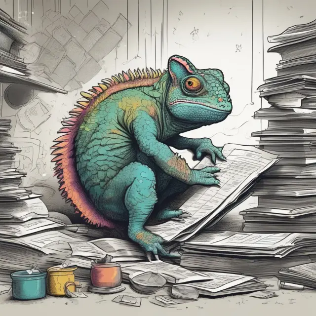 An analyst sorting financial statements with industry benchmarks, a chameleon morphing between companies representing varying industries