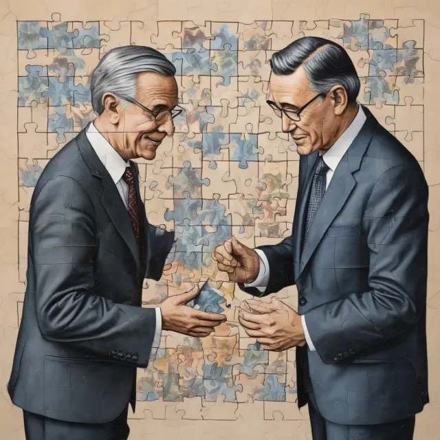 A central banker and lawmaker working together on a jigsaw puzzle, with pieces labeled 