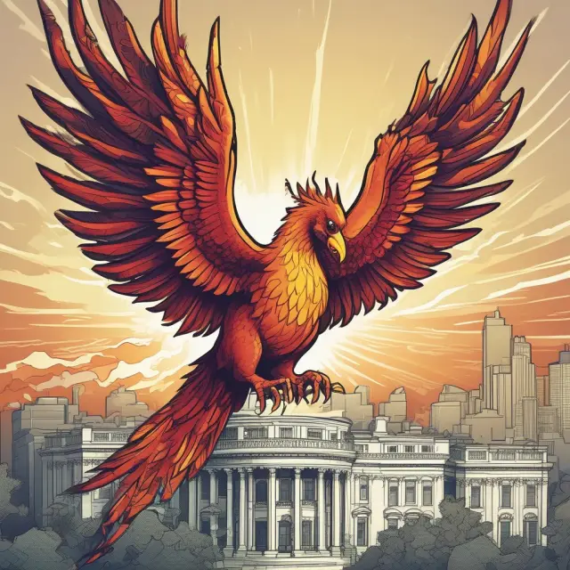 Phoenix emerging from government budget with economic charts and dollar bills, illustrating stock market growth through the Keynesian put.