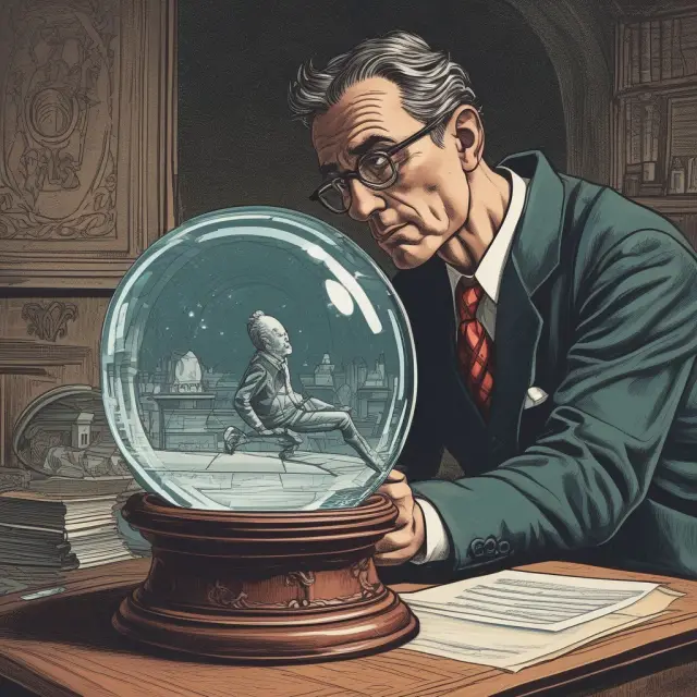 A thoughtful investor examines a crystal ball filled with economic data, considering potential gains from the Keynesian put strategy in a dynamic market.