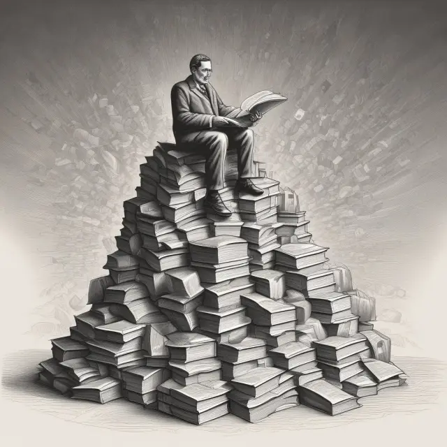 A man sorts through economic theories on a mountain, debating classical vs. Keynesian economics with two figures below