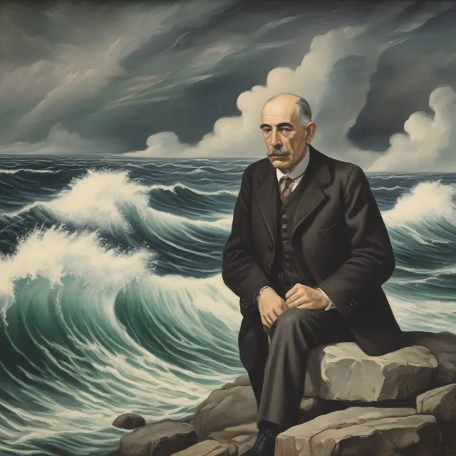 Keynes challenging classical economics, depicted as a tranquil boat in a stormy sea representing the Great Depression
