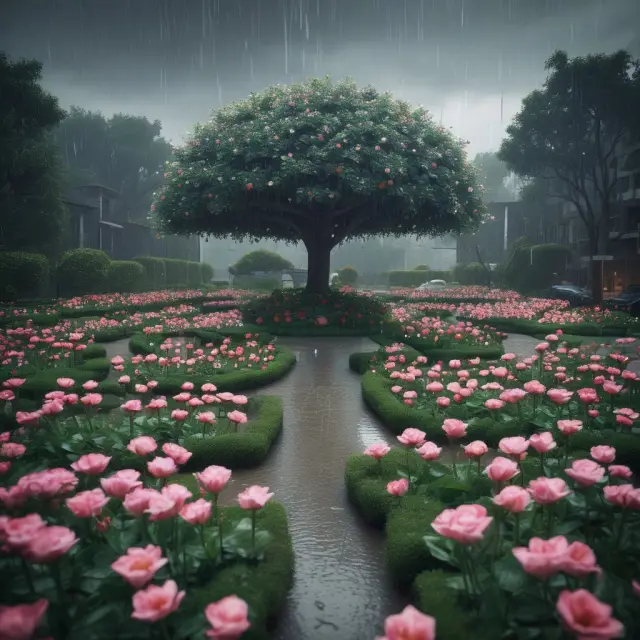 A vibrant garden flourishes with raindrops, representing Keynesian economics stimulating economic growth.