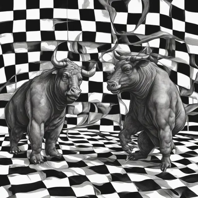 A Keynesian bull, representing government intervention, faces off against a classical bear, symbolizing free markets, in a debate on the checkered economic stage