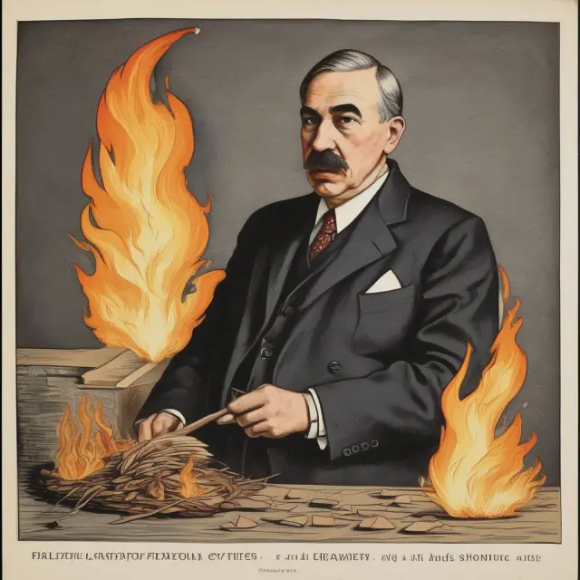 John Maynard Keynes reviving the economy with Phoenix flames against an economic crisis backdrop
