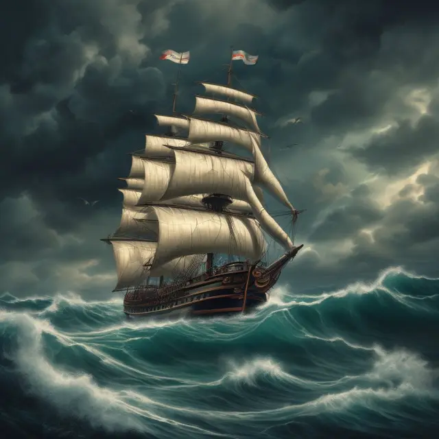 Ship navigating turbulent waters while a key person remains steady at the helm, representing small businesses