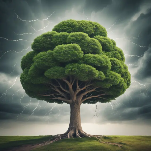 Key person as a sturdy tree with varying coverage amounts symbolizing branches, while costs act as weather elements nurturing its growth.