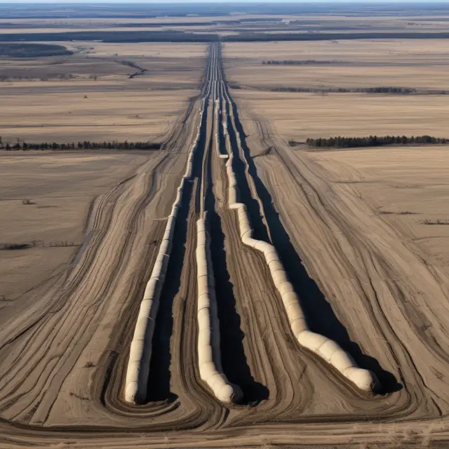 A tug-of-war between a pipeline and an eco-system, symbolizing the intense debate over environmental assessments for the Keystone XL Pipeline.