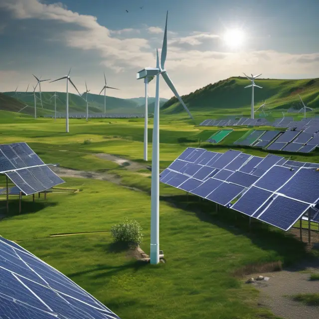 Wind turbine and solar panel installation replacing an oil pipeline to represent green energy alternatives