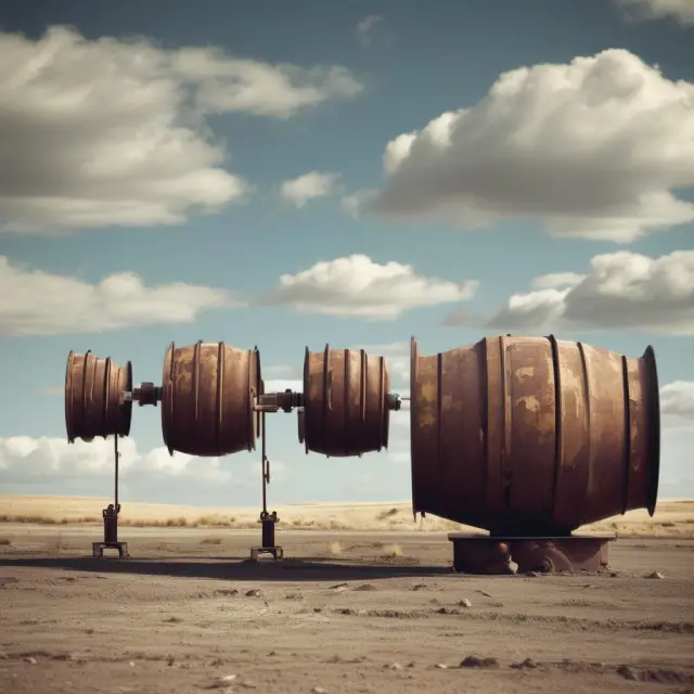 A large seesaw with oil barrels on one side and people on the other depicting employment opportunities balanced against the Keystone XL pipeline