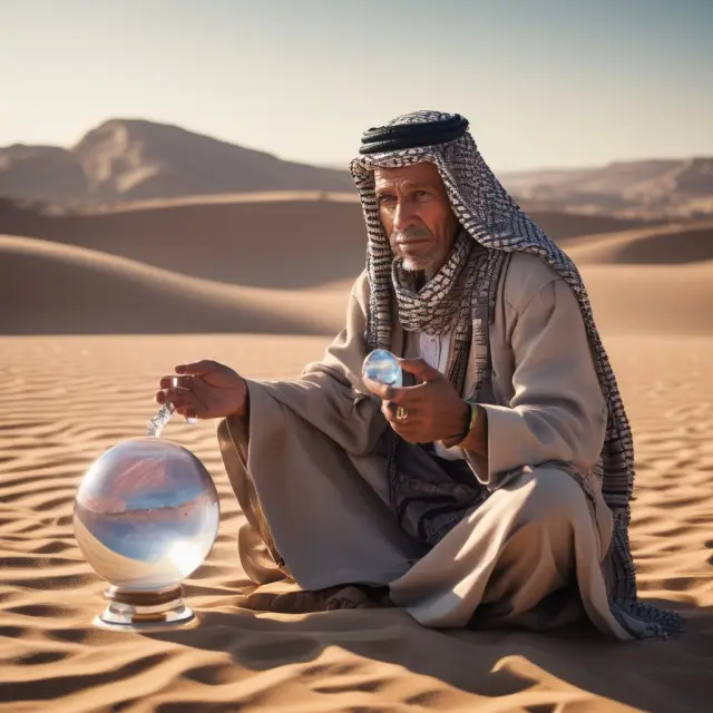 An ancient Bedouin sharing insights on institutional investing from a crystal ball, representing long-term vision, diversification, transparency, succession planning, and regulatory compliance.
