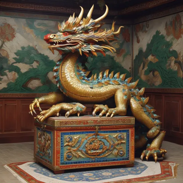 A Korean dragon stands watch over a colorful mosaic treasure chest, representing KIC