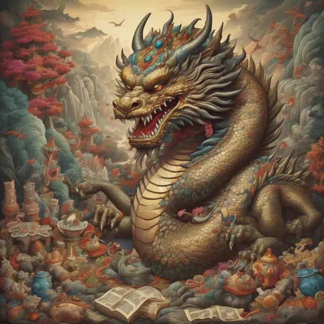 A Korean dragon protectively hovering over an ornate chest filled with various traditional assets - equities, bonds, currencies, and money market instruments
