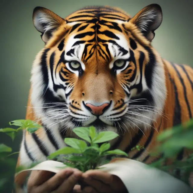 An eco-friendly Korean tiger holds a stack of financial documents, growing green shoots from each paper, symbolizing KIC