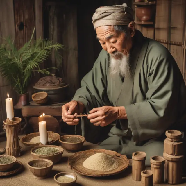 A wise Japanese sage meticulously crafting candlesticks from rice grains to reveal financial market patterns and trends.