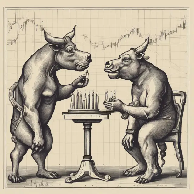Bull and bear playing chess around a candlestick chart; bullish and bearish kicker patterns illustrate emotional shifts in the market.